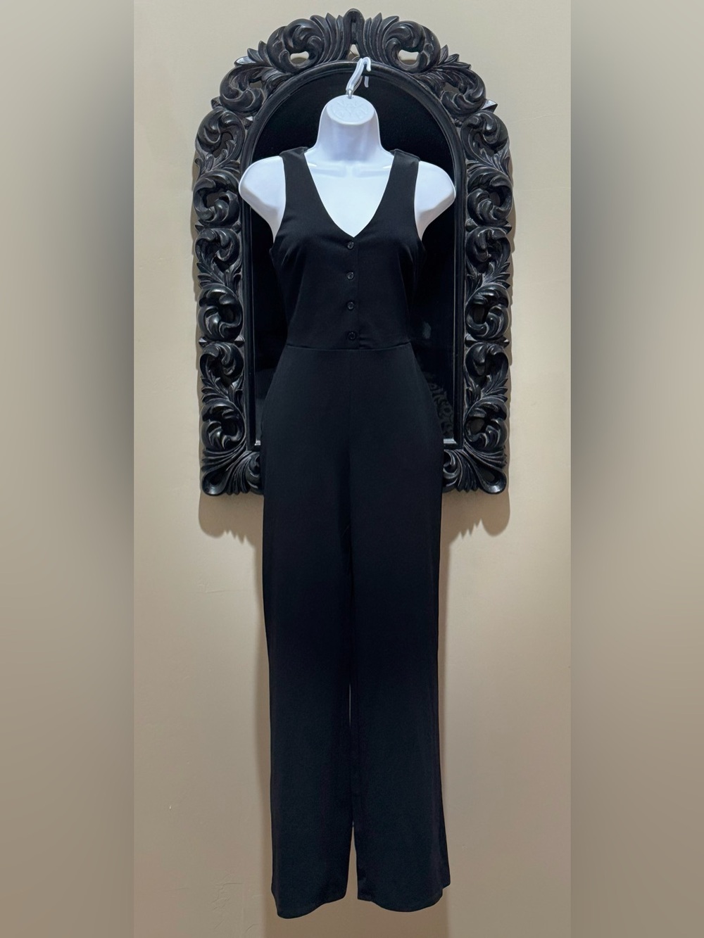 Crystal Sky V-Neck Black Button-Front Wide-Leg Jumpsuit